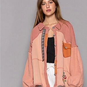 POL Women's Pink and Orange Embroidered Patchwork jacket.